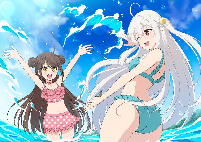 2girls absurdres artist_request ass bangs beach big_ass bikini blue_swimsuit breasts brown_hair dat_ass double_bun falanya_elk_arbalest female female_only frilled_bikini frills happy highres huge_ass legs medium_breasts multiple_girls navel ninym_ralei ocean official_art one_eye_closed open_mouth pink_swimsuit polka_dot polka_dot_bikini red_eyes smile splashing swimsuit tensai_ouji_no_akaji_kokka_saiseijutsu thick_thighs thighs third-party_source tree water white_hair yellow_eyes