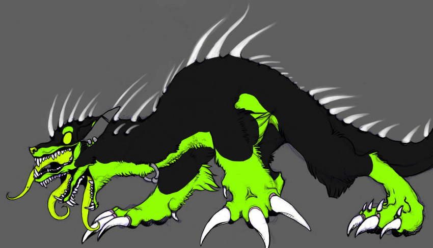 3_toes ambiguous_gender black_body black_fur feet feral fur green_body green_fur grey_background horn monster neck_piercing neogeen_(character) phantomseeker piercing quadruped sharp_teeth simple_background solo spikes spikes_(anatomy) tail teeth toes tongue tongue_piercing