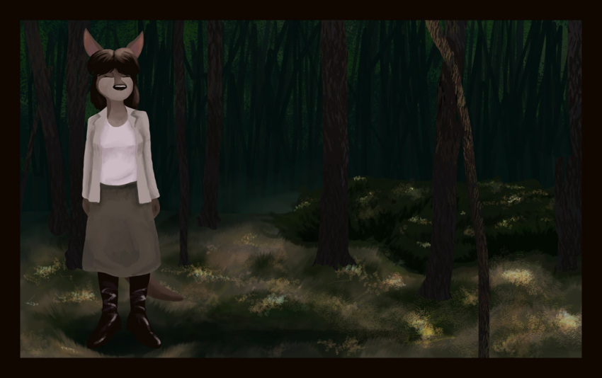 anthro black_border border closed_eyes detailed_background female forest fur kangaroo macropod mammal maria_(sonderjen) marsupial nature night outside plant shadow solo sonderjen tail tree wood