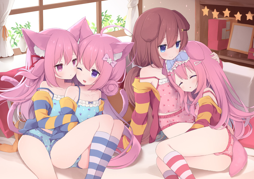 4girls ahoge animal_ear_fluff animal_ears arashiya ass azur_lane blue_camisole blue_eyes blue_panties blue_socks bow breast_pillow breasts brown_hair camisole cardigan cat_ears cat_girl cat_tail closed_eyes commission commissioner_upload couch creator_connection cuddling curtains dog_ears dog_girl dog_tail dual_persona eye_mask fumizuki_(azur_lane) hair_bun hair_ornament hairbow hairclip hand_on_another's_head hug hug_from_behind if_they_mated indie_virtual_youtuber indoors ips_cells kisaragi_(azur_lane) kneehighs knees_up long_hair low_twintails lying lying_on_person multiple_girls off_shoulder on_side one_eye_closed one_side_up open_mouth panties petting pillow pink_camisole pink_eyes pink_hair pink_panties pink_socks print_camisole print_panties purple_eyes ribbon sitting skeb_commission sleeping small_breasts smile socks strap_slip striped striped_cardigan striped_socks tail thighs twintails underwear usagi_nono very_long_hair virtual_youtuber window