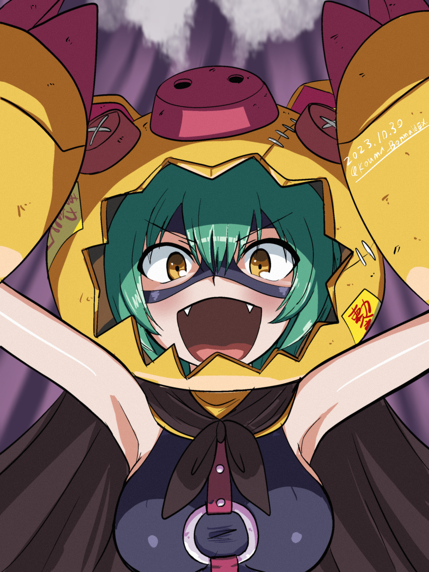 absurdres alternate_color animal_costume armor armpits arms_up bare_shoulders black_cape black_one-piece_swimsuit breasts button_eyes buttons cape cho-hakkaimon commentary_request digimon digimon_(creature) fangs female green_hair hair_between_eyes highres kouma_bonmaid looking_at_viewer mask medium_breasts o-ring one-piece_swimsuit open_mouth orange_eyes partial_commentary pig_costume short_hair sidelocks signature solo steam swimsuit twitter_username upper_body yellow_armor