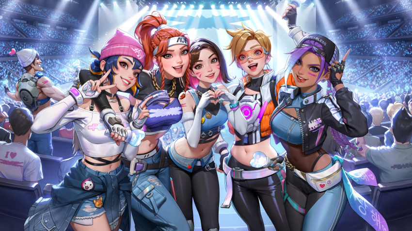 5girls absurdres arm_around_shoulder bb_brigitte brigitte_(overwatch) brown_hair concert copyright_name crop_top cropped_jacket cropped_shirt crowd d.va_(overwatch) dazzle_d.va dospi fingerless_gloves gloves hat highres junkrat_(overwatch) kira-kira_kiriko kiriko_(overwatch) le_sserafim looking_at_viewer multiple_girls official_alternate_costume official_alternate_hairstyle official_art official_wallpaper overwatch overwatch_2 perfect_night_(le_sserafim) slay_star_sombra sombra_(overwatch) stadium tracer_(overwatch) traysi_tracer v