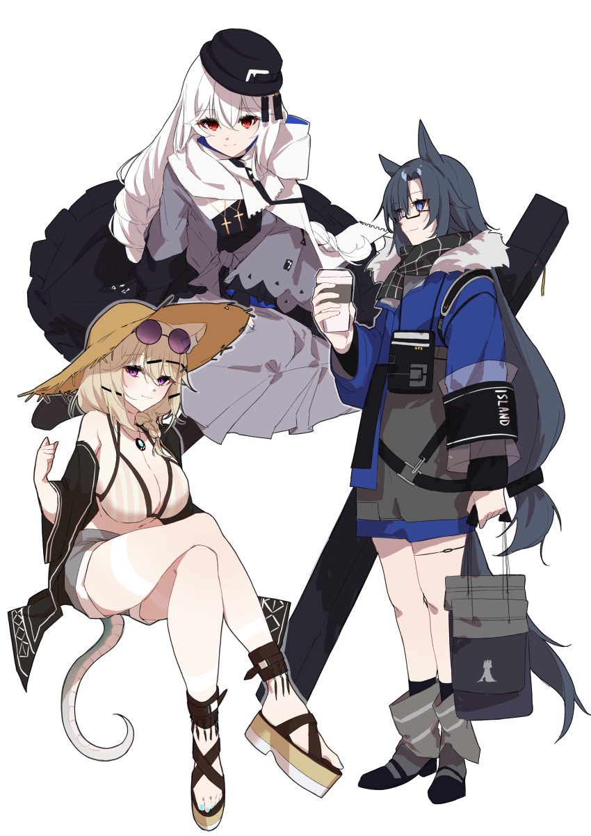 3girls absurdres animal_ear_fluff animal_ears arknights bag bespectacled bikini black_footwear black_hair black_headwear black_jacket black_scarf blonde_hair blue_eyes blue_jacket blue_shorts braid breasts brown_bikini cat_ears clenched_hand commentary cup disposable_cup dress eyewear_on_head fang_(arknights) fang_(cruciata)_(arknights) full_body fur-trimmed_jacket fur_trim glasses gomago_magoma grey_dress grey_shorts hair_ornament hairclip hat highres holding holding_bag holding_cup huge_breasts jacket legs lizard_tail long_hair looking_at_viewer low-tied_long_hair multiple_girls nail_polish official_alternate_costume plaid plaid_scarf purple-tinted_eyewear red_eyes sandals scarf shopping_bag shorts side_braid simple_background sitting small_breasts smile specter_(arknights) specter_(undercurrent)_(arknights) standing straw_hat striped_bikini striped_clothes sunglasses swimsuit tail tinted_eyewear toenail_polish toenails toes utage_(arknights) utage_(summer_flowers)_(arknights) vertical-striped_bikini vertical-striped_clothes white_background white_hair white_scarf wolf_ears wolf_girl wolf_tail yokozuwari