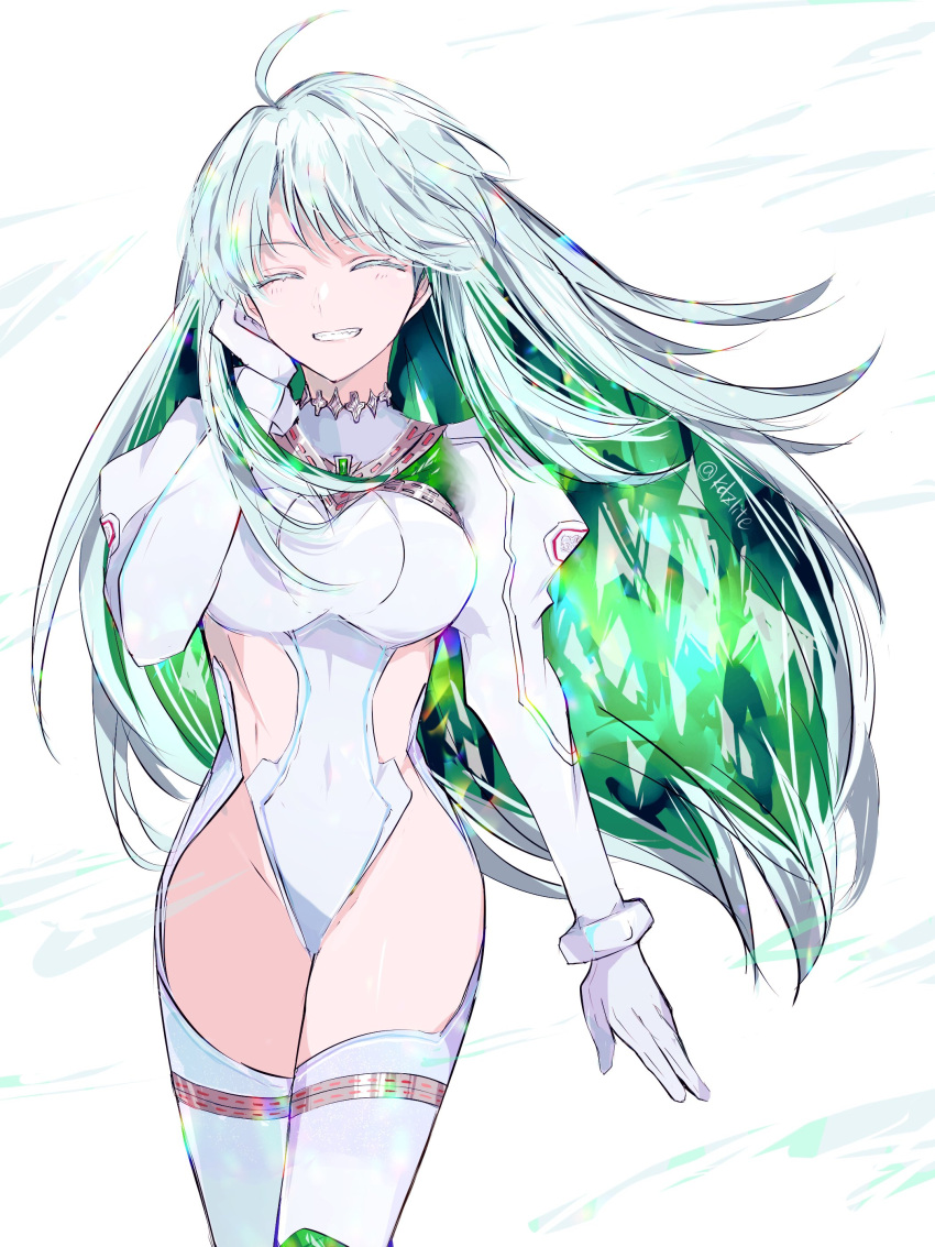 absurdres ahoge breasts closed_eyes colored_inner_hair covered_navel fate/grand_order fate_(series) female gloves green_hair grey_hair highres kukulkan_(fate) long_hair medium_breasts multicolored_hair smile sodamachi thighhighs twitter_username white_gloves wind