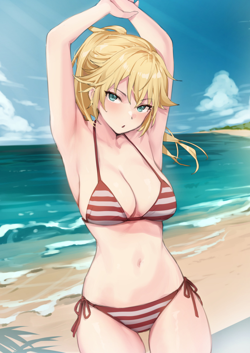 armpits arms_up beach bikini blonde_hair blue_eyes blue_sky breasts cleavage female halterneck highres long_hair looking_at_viewer medium_breasts navel original outdoors ponytail red_bikini side-tie_bikini_bottom sky solo string_bikini striped_bikini striped_clothes swimsuit try_(lsc)