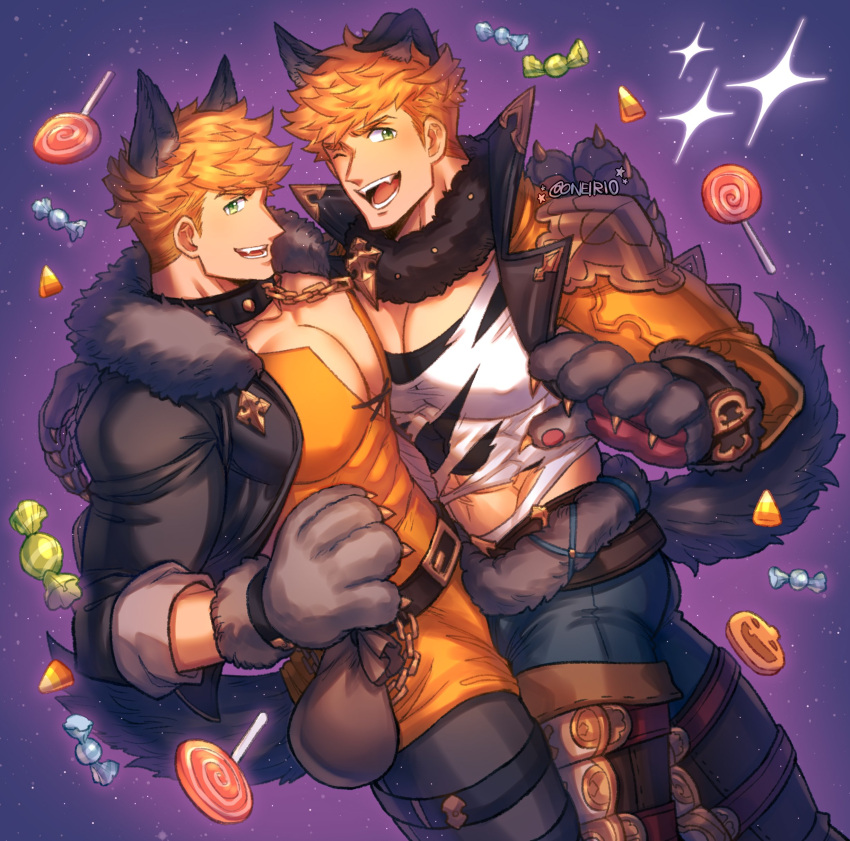 2boys abs absurdres animal_collar animal_ears bara belt black_belt black_jacket black_pants black_tank_top blonde_hair bulge bulge_press candy clone collar cookie cropped_jacket dual_persona food fur-trimmed_belt fur-trimmed_jacket fur_collar fur_trim granblue_fantasy green_eyes halloween halloween_costume highres jacket large_pectorals lollipop male_focus multiple_boys muscular muscular_male official_alternate_costume one_eye_closed oneirio open_clothes open_jacket open_mouth orange_jacket orange_shirt pants paw_pose pectoral_cleavage pectoral_docking pectoral_press pectorals shirt short_hair smile tail tank_top torn_clothes torn_shirt twitter_username vane_(granblue_fantasy) vane_(halloween)_(granblue_fantasy) white_shirt wolf_ears wolf_paws wolf_tail