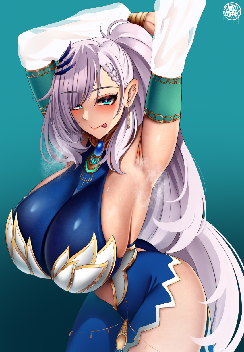 absurdres aqua_eyes armpits blue_background blush braid breasts closed_mouth detached_sleeves earrings female french_braid grey_hair highres hololive hololive_indonesia huge_breasts jewelry long_hair looking_at_viewer pavolia_reine pavolia_reine_(1st_costume) ponytail presenting_armpit sideboob smell smelly_armpits solo steam steaming_body sweat sweaty_armpits tongue tongue_out very_long_hair virtual_youtuber whitewaffle