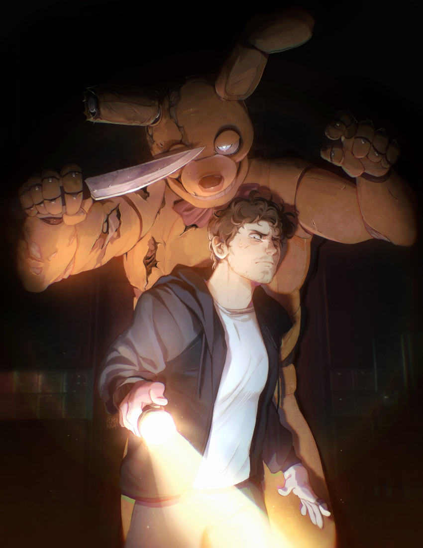 2023 animatronic bodily_fluids bow_tie brown_hair clothing digital_media_(artwork) duo five_nights_at_freddy's five_nights_at_freddy's_(film) five_nights_at_freddy's_3 flashlight hair hi_res hoodie human imminent_death josh_hutcherson knife lagomorph leporid light light_beam light_body light_skin looking_at_viewer looming looming_over machine male mammal mike_schmidt not_furry rabbit robot rorokonaa_(artist) scared scottgames shirt simple_background size_difference springtrap_(fnaf) stubble sweat sweatdrop teeth topwear white_clothing white_eyes white_shirt white_topwear william_afton_(fnaf) yellow_body