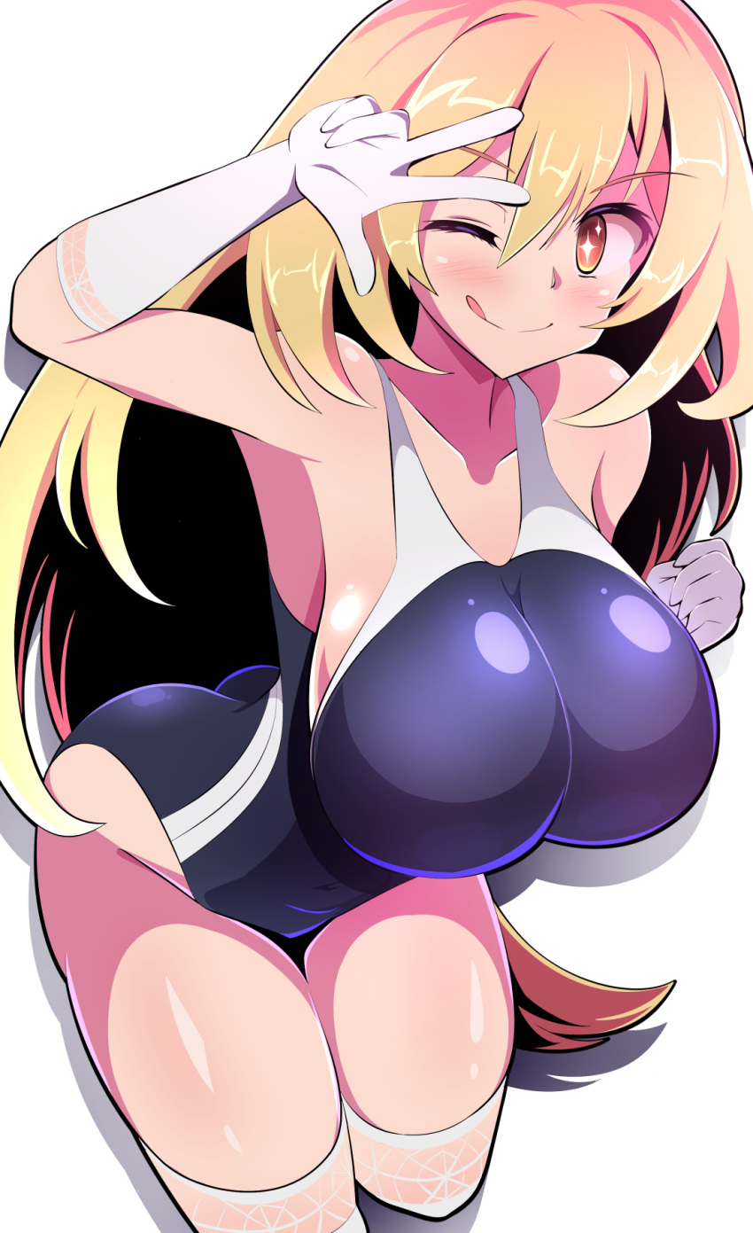 artistic_error ass bare_shoulders black_one-piece_swimsuit blonde_hair blush breasts bright_pupils brown_eyes competition_swimsuit elbow_gloves female gloves harubato highres large_breasts long_hair looking_at_viewer one-piece_swimsuit one_eye_closed shokuhou_misaki smile solo spider_web_print star-shaped_pupils star_(symbol) swimsuit symbol-shaped_pupils thighhighs toaru_kagaku_no_mental_out toaru_kagaku_no_railgun toaru_majutsu_no_index tokiwadai_school_swimsuit tongue tongue_out very_long_hair w w_over_eye white_gloves white_pupils