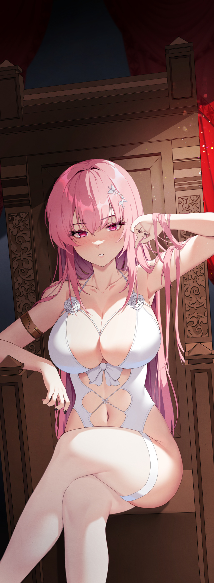 absurdres arm_rest arm_up armlet black_nails blush breasts cleavage clothing_cutout crossed_legs female hair_ornament highres hololive hololive_english large_breasts lessone light_particles long_hair mori_calliope navel navel_cutout one-piece_swimsuit parted_lips pink_eyes pink_hair sitting solo swimsuit thigh_strap thighs throne very_long_hair virtual_youtuber white_one-piece_swimsuit