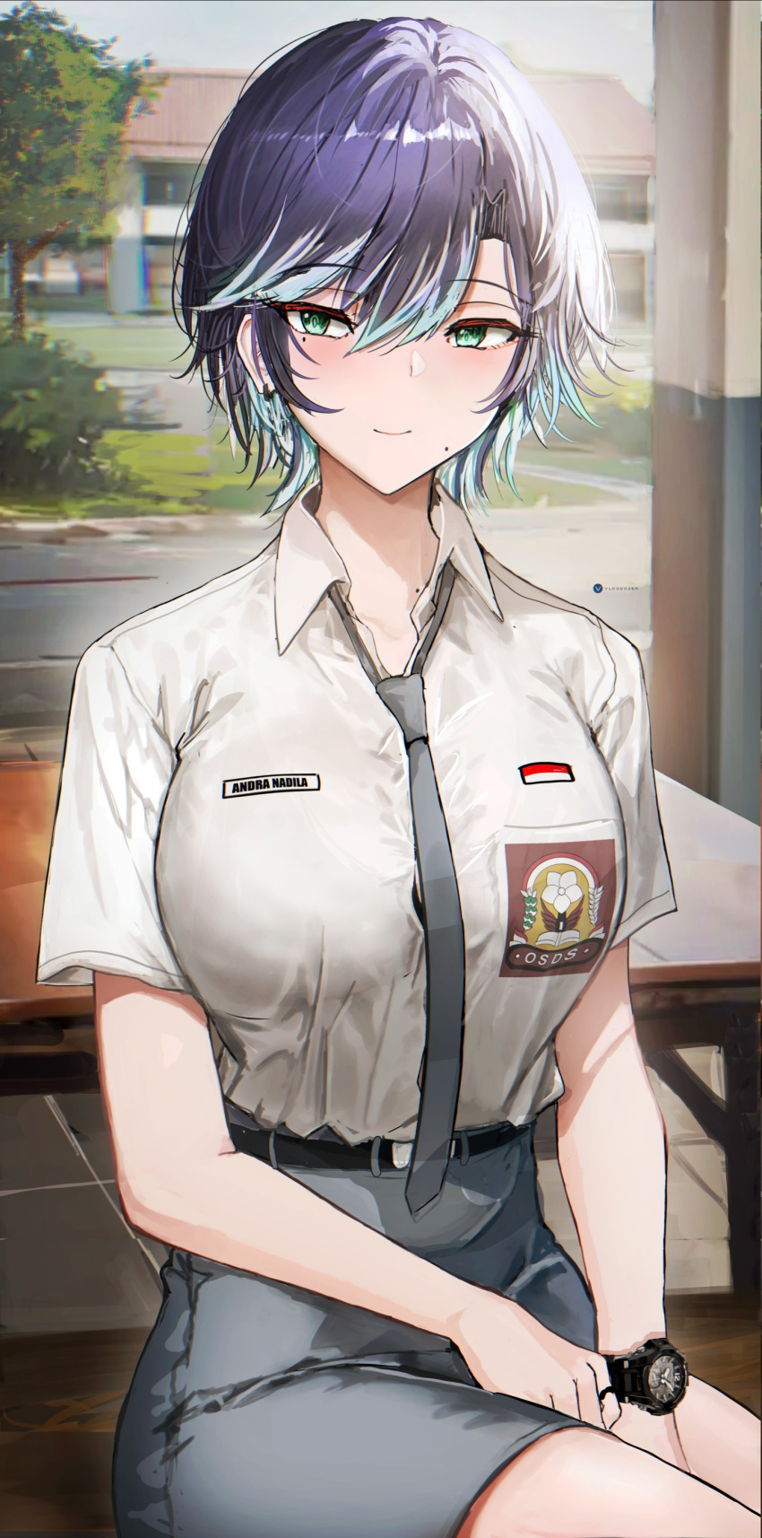 absurdres andra_nadila_(vloodozer) artist_logo belt black_necktie blue_hair blue_necktie blue_skirt blush bra breast_pocket breasts closed_mouth collared_shirt ear_piercing female green_eyes grey_skirt hair_between_eyes highres holding indonesian_flag indonesian_high_school_uniform large_breasts looking_at_viewer mole mole_on_neck mole_under_mouth multicolored_hair necktie original outdoors piercing pocket school_uniform shirt shirt_tucked_in short_hair short_sleeves sitting skirt smile solo streaked_hair tree underwear upper_body vloodozer watch white_shirt wristwatch