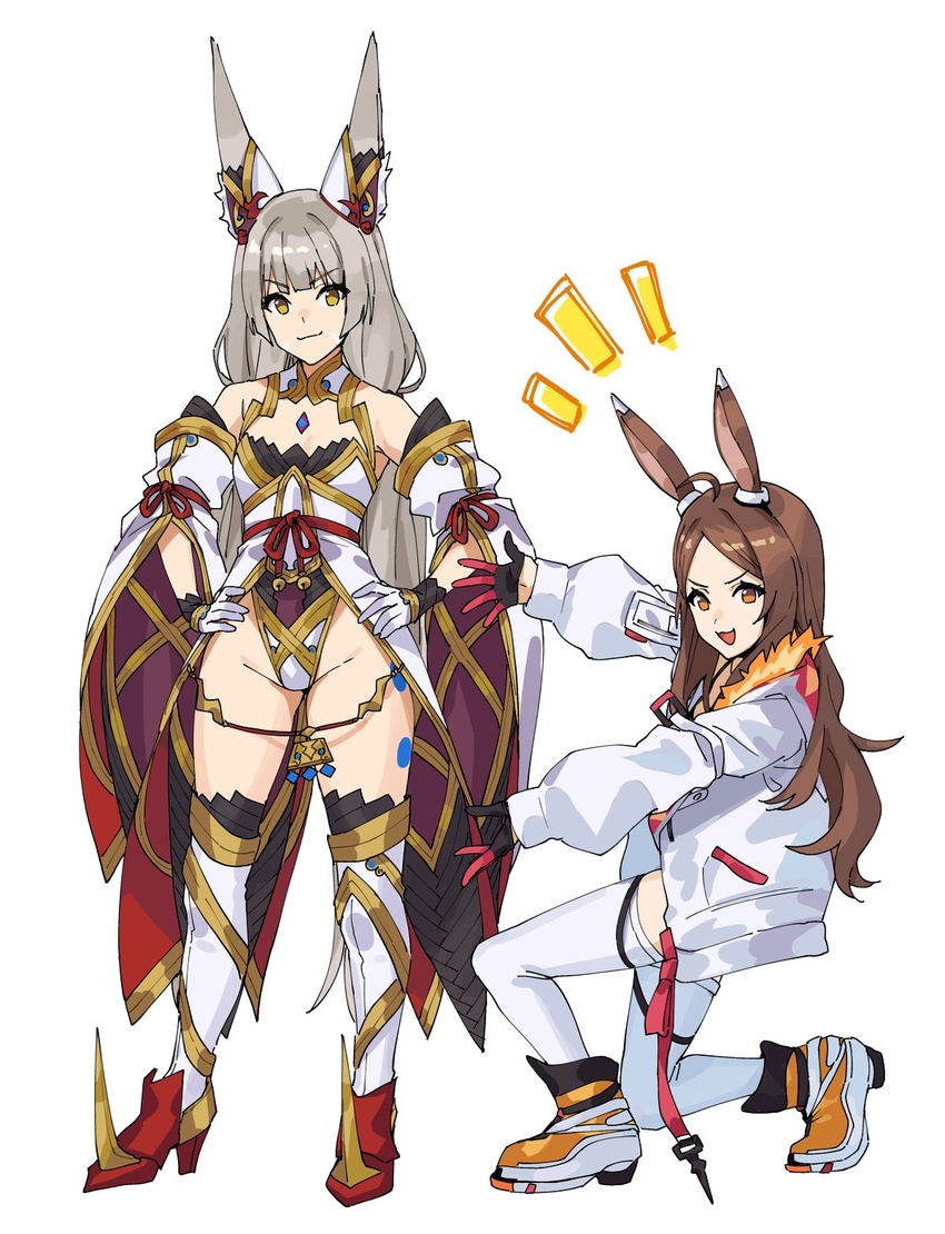 2girls ahoge animal_ear_fluff animal_ears black_gloves boots breasts brown_eyes brown_hair closed_mouth commentary english_commentary gigi_(kamaniki) gloves grey_hair groin half_gloves hands_on_own_hips highres indie_virtual_youtuber jacket kamu_(kamuuei) leotard long_hair long_sleeves multiple_girls nia_(blade)_(xenoblade) nia_(xenoblade) notice_lines on_one_knee open_clothes open_jacket orange_footwear outstretched_arms parted_bangs puffy_long_sleeves puffy_sleeves rabbit_ears shoes simple_background small_breasts smile thigh_boots thighhighs v-shaped_eyebrows very_long_hair virtual_youtuber white_background white_footwear white_gloves white_jacket white_leotard white_thighhighs xenoblade_chronicles_(series) xenoblade_chronicles_2