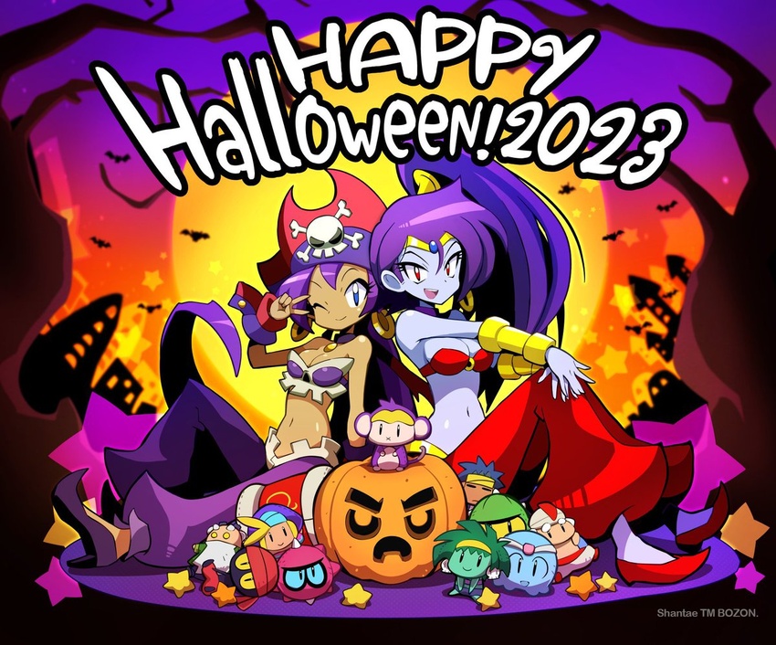 2023 2girls artist_request bolo_(shantae) breasts character_doll cleavage colored_skin cosplay costume_switch dark-skinned_female dark_skin grey_skin halloween happy_halloween hat jack-o'-lantern multiple_girls official_art pirate_hat ponytail purple_hair risky_boots rottytops shantae shantae_(series) side_ponytail sitting sky_(shantae) tinkerbat v