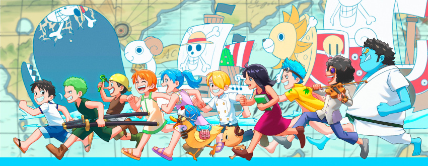 3girls 6+boys absurdres aged_down antlers bandana black_hair blonde_hair blue_hair blue_skin brook_(one_piece) colored_skin curly_eyebrows franky_(one_piece) goggles goggles_on_head going_merry green_hair hair_over_one_eye highres holding holding_sword holding_weapon horns instrument jinbe_(one_piece) karoo_(one_piece) laboon long_nose monkey_d._luffy multiple_boys multiple_girls nami_(one_piece) nefertari_vivi nico_robin one_piece orange_hair pirate_ship ponytail reindeer_boy roronoa_zoro running saddle sail sanji_(one_piece) ship sword thousand_sunny tony_tony_chopper tusks um0gzu1 usopp violin watercraft weapon