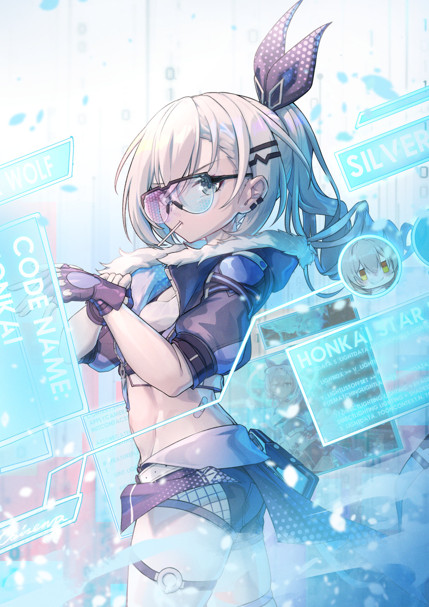 absurdres bandaid blue-tinted_eyewear bow caisena cropped_jacket drill_hair drill_ponytail female fur-trimmed_jacket fur_trim grey_eyes grey_hair hair_ornament hairbow hairclip highres holographic_interface honkai:_star_rail honkai_(series) jacket mouth_hold navel purple-tinted_eyewear shorts silver_wolf_(honkai:_star_rail) solo stelle_(honkai:_star_rail) sunglasses tinted_eyewear trailblazer_(honkai:_star_rail)