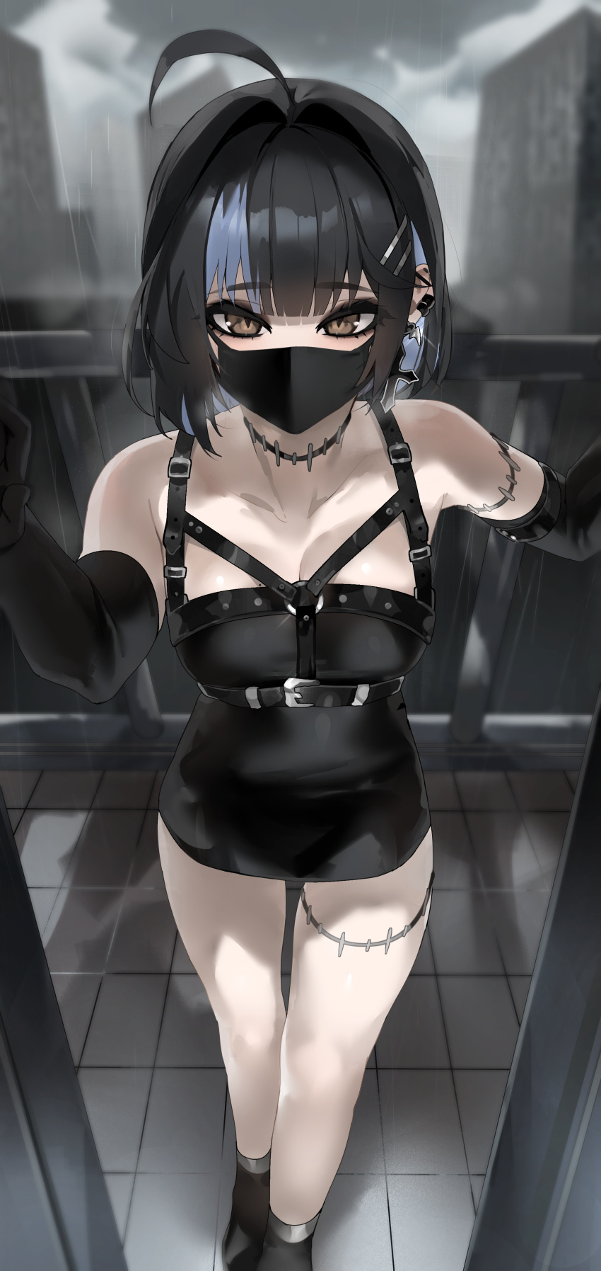 absurdres ahoge black_dress black_gloves black_hair black_mask blue_hair breasts brown_eyes cleavage commentary cross cross_earrings dress ear_piercing earrings elbow_gloves english_commentary female gloves highres irene_(kanniiepan) jewelry kanniiepan looking_at_viewer mask medium_breasts mouth_mask multicolored_hair original piercing short_hair solo standing two-tone_hair