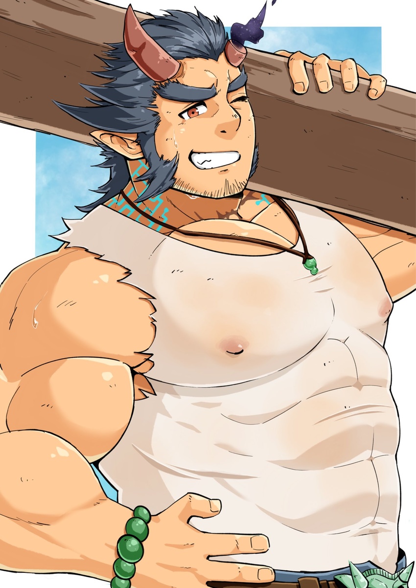 1boy bad_id bad_twitter_id bara bare_arms bead_bracelet beads blue_hair bracelet broken_horn carpenter carrying_over_shoulder covered_abs covered_navel covered_nipples dark_blue_hair demon_boy demon_horns denim facial_hair fiery_horns grin highres horns huge_eyebrows huge_pectorals jeans jewelry kansuke_(kansuke_717) long_sideburns looking_at_viewer male_focus mature_male muscular muscular_male mutton_chops necklace one_eye_closed pants pectoral_cleavage pectorals scar scar_on_neck short_hair sideburns smile solo strongman_waist stubble sweat sweaty_clothes takemaru_(housamo) tokyo_afterschool_summoners torn_clothes torn_sleeves upper_body v-shaped_eyebrows very_sweaty