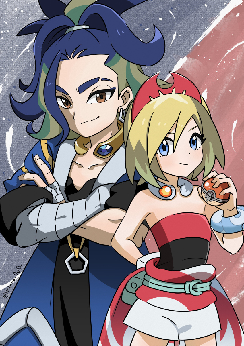 1boy absurdres adaman_(pokemon) arm_wrap blonde_hair blue_coat blue_eyes blue_hair brown_eyes closed_mouth coat collar commentary_request eyebrow_cut eyelashes female green_bag hairband hand_up highres holding holding_poke_ball irida_(pokemon) kanno_0v0 looking_at_viewer open_clothes open_coat poke_ball poke_ball_(legends) pokemon pokemon_legends:_arceus ponytail red_hairband sash shirt short_shorts shorts smile strapless strapless_shirt twitter_username waist_cape white_shorts