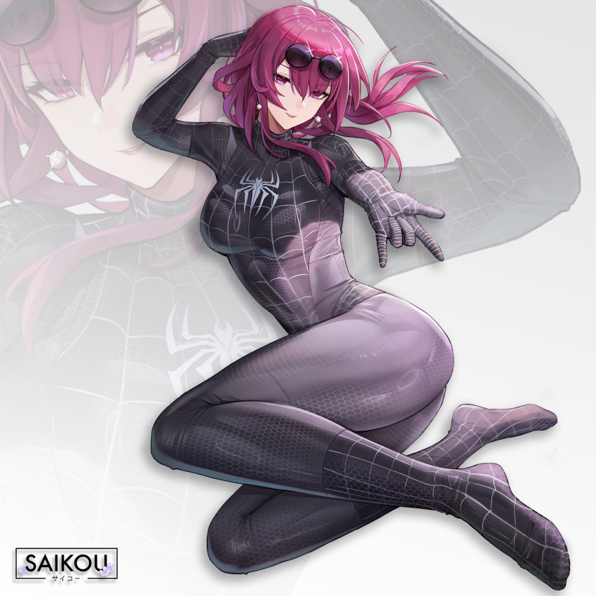 ass black_bodysuit bodysuit cbmus closed_mouth cosplay earrings eyewear_on_head female highres honkai:_star_rail honkai_(series) jewelry kafka_(honkai:_star_rail) long_hair marvel pink_hair purple_eyes second-party_source solo spider-man spider-man_(cosplay) spider-man_(series) sunglasses upper_body zoom_layer