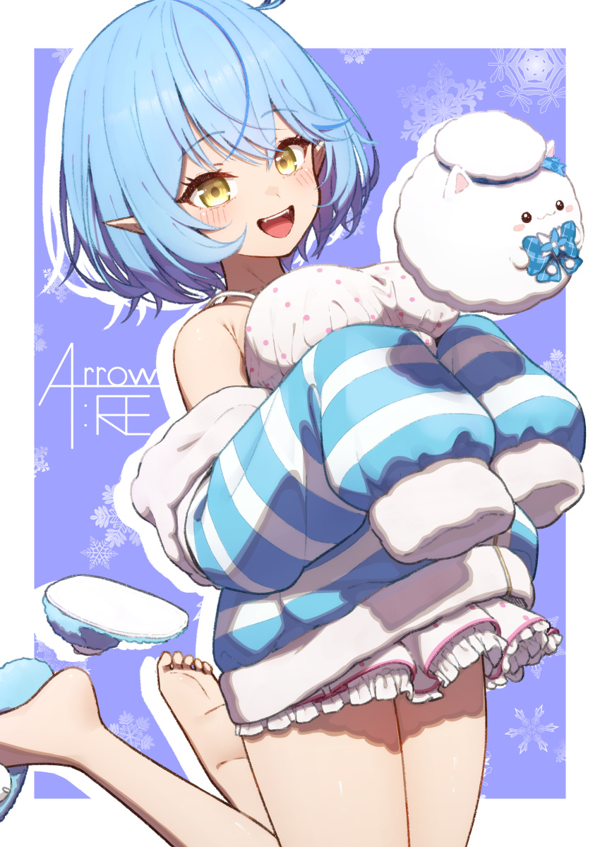 :d absurdres armpit_crease bare_legs bare_shoulders barefoot blue_background blue_hair blue_jacket blush border breasts crossed_bangs feet female fur-trimmed_jacket fur_trim hands_up highres hololive jacket large_breasts long_sleeves looking_at_viewer lunch_boxer medium_hair off_shoulder official_alternate_costume official_alternate_hair_length official_alternate_hairstyle open_mouth pointy_ears shadow sleeves_past_fingers sleeves_past_wrists slippers smile soles solo striped_clothes striped_jacket teeth thighs toes upper_teeth_only virtual_youtuber white_border yellow_eyes yukihana_lamy yukihana_lamy_(loungewear) yukimin_(yukihana_lamy)