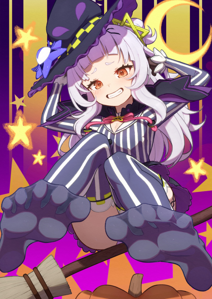 absurdres arms_up black_gloves black_thighhighs blunt_bangs blush breasts broom brown_eyes cleavage convenient_leg crescent_moon cropped_shirt feet female foot_focus full_body gloves hair_bun hair_ornament hat highres hololive knees_together_feet_apart knees_up legs long_hair long_sleeves looking_at_viewer lunch_boxer moon murasaki_shion murasaki_shion_(1st_costume) no_shoes panties patterned_background pinstripe_pattern purple_background purple_hair purple_panties shirt short_eyebrows single_side_bun sitting small_breasts soles solo spread_toes star_(symbol) striped_clothes striped_shirt striped_thighhighs thighhighs thighs toes underwear vertical-striped_clothes vertical-striped_shirt vertical-striped_thighhighs virtual_youtuber white_thighhighs witch_hat