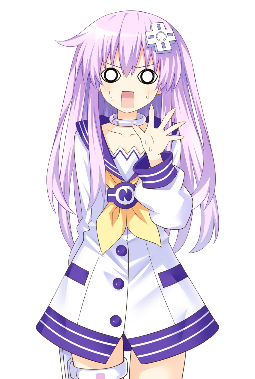 <o>_<o> choker commentary_request d-pad d-pad_hair_ornament female hair_between_eyes hair_ornament highres nepgyaa neptune_(series) open_mouth purple_hair smile sweat white_background zero_(ray_0805)