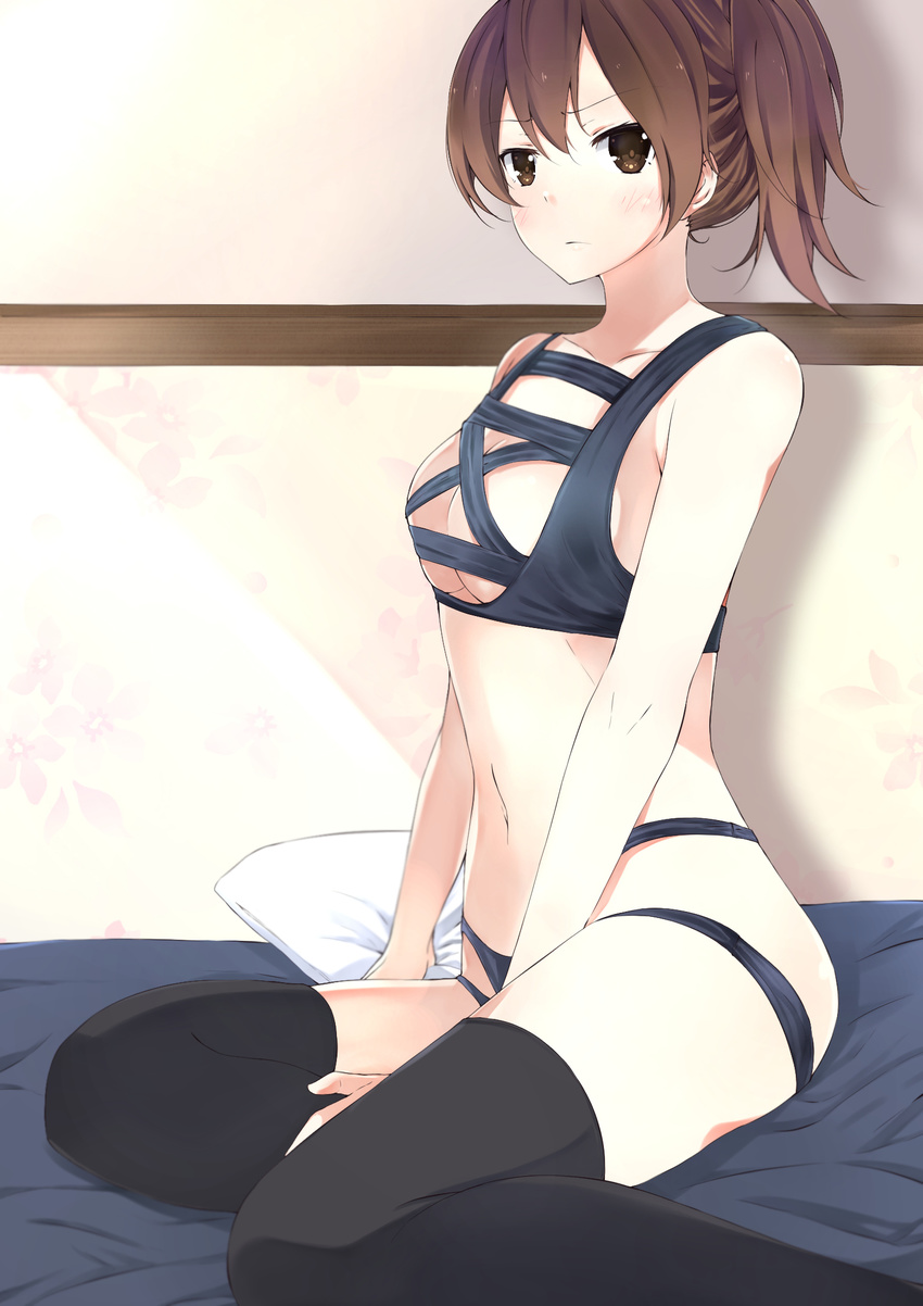 bed bikini black_thighhighs blurry blush breasts brown_eyes brown_hair cleavage collarbone commentary depth_of_field english_commentary female from_side frown highres indoors kaga_(kancolle) kantai_collection medium_breasts myuto_(advent_retribution) navel on_bed photoshop_(medium) pillow side_ponytail sitting solo swimsuit thighhighs yokozuwari