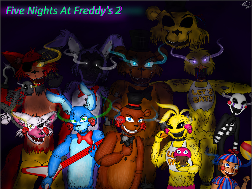 2016 animatronic anthro avian balloon_boy_(fnaf) bear bird canid canine chicken clothing cupcake_(fnaf) digital_media_(artwork) exposed_endoskeleton eye_patch eyewear five_nights_at_freddy's five_nights_at_freddy's_2 fox galliform gallus_(genus) glowing glowing_eyes group guitar hat headgear headwear hi_res hook hook_hand humanoid lagomorph leporid machine mammal mangle_(fnaf) marionette_(fnaf) musical_instrument phasianid pirate plucked_string_instrument puppet rabbit robot sammytheanimatronic scottgames string_instrument top_hat toy_bonnie_(fnaf) toy_chica_(fnaf) toy_freddy_(fnaf) withered_bonnie_(fnaf) withered_chica_(fnaf) withered_foxy_(fnaf) withered_freddy_(fnaf) withered_golden_freddy_(fnaf)