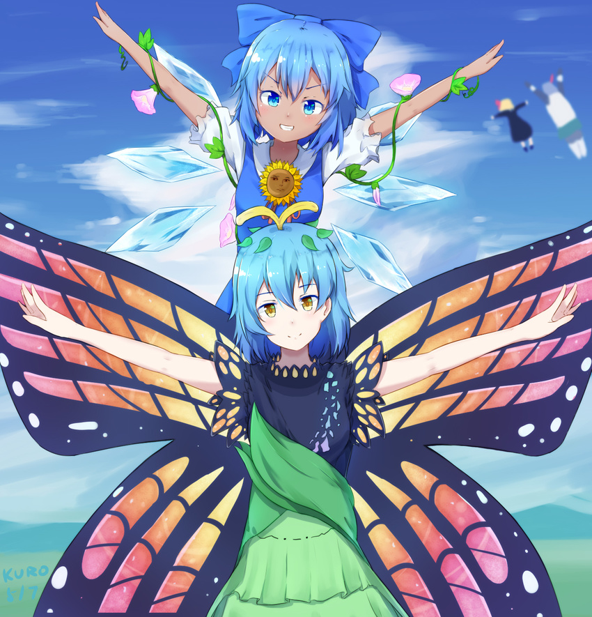 3girls \o/ arms_up blue_background blue_bow blue_eyes blue_hair bow butterfly_wings cirno commentary_request crossover dark-skinned_female dark_skin dark_souls_(series) dark_souls_i day dress eternity_larva flower green_skirt grin hairbow highres insect_wings kuroda_kuwa leaf looking_at_viewer multicolored_wings multiple_girls outstretched_arms praise_the_sun rumia short_hair signature skirt sky smile solaire_of_astora spread_arms sunflower tan tanned_cirno touhou wings yellow_eyes