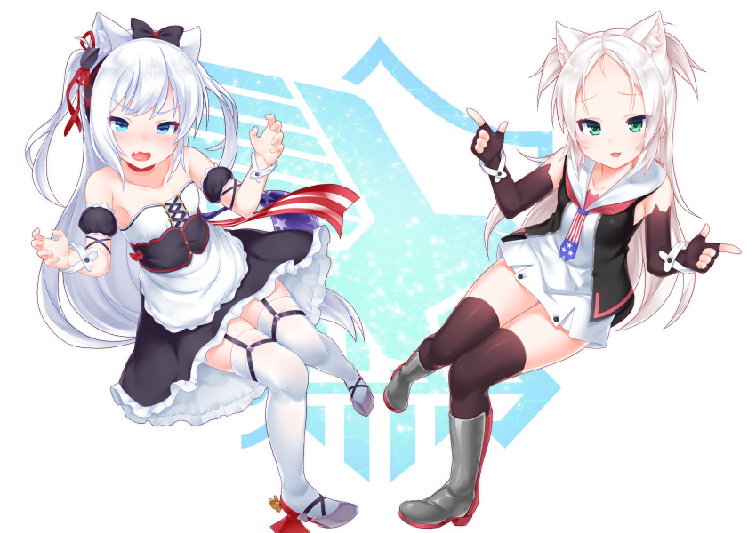 2girls absurdres american_flag american_flag_print animal_ear_fluff animal_ears animal_hood apron armpit_crease azur_lane bare_shoulders black_bow black_dress black_gloves black_ribbon black_thighhighs blue_eyes boots bow bowtie cat_ears cat_girl cat_hair_ornament choker commentary_request cross-laced_clothes cross-laced_dress cuff_links detached_sleeves dress eagle_union_(emblem) elbow_gloves fingerless_gloves flag_print frilled_apron frilled_hairband frilled_sleeves frills from_above garter_straps gloves green_eyes hair_ornament hairband hairbow hammann_(azur_lane) hammann_(retrofit)_(azur_lane) highres hood hood_down hooded_jacket hoodie invisible_chair jacket kirisame_mia knee_boots knees_together_feet_apart legwear_garter long_hair looking_at_viewer maid multiple_girls neckerchief oerba_yun_fang open_clothes open_jacket open_mouth platform_footwear pointing print_neckerchief propeller_footwear puffy_short_sleeves puffy_sleeves raised_eyebrows red_bow red_bowtie red_choker red_ribbon ribbon rudder_footwear short_dress short_sleeves sims_(azur_lane) sitting sleeveless sleeveless_dress strapless strapless_dress thigh_gap thighhighs thighhighs_under_boots two_side_up unzipped v-shaped_eyebrows very_long_hair waist_apron waist_bow white_apron white_background white_hair white_hoodie white_thighhighs wrist_cuffs zipper zipper_pull_tab