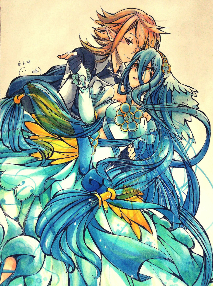 1boy azura_(fire_emblem) blue_hair commentary_request corrin_(fire_emblem) corrin_(male)_(fire_emblem) dress elbow_gloves fingerless_gloves fire_emblem fire_emblem_fates gloves highres long_hair pointy_ears red_eyes shiratsu_(white-seaside) smile very_long_hair