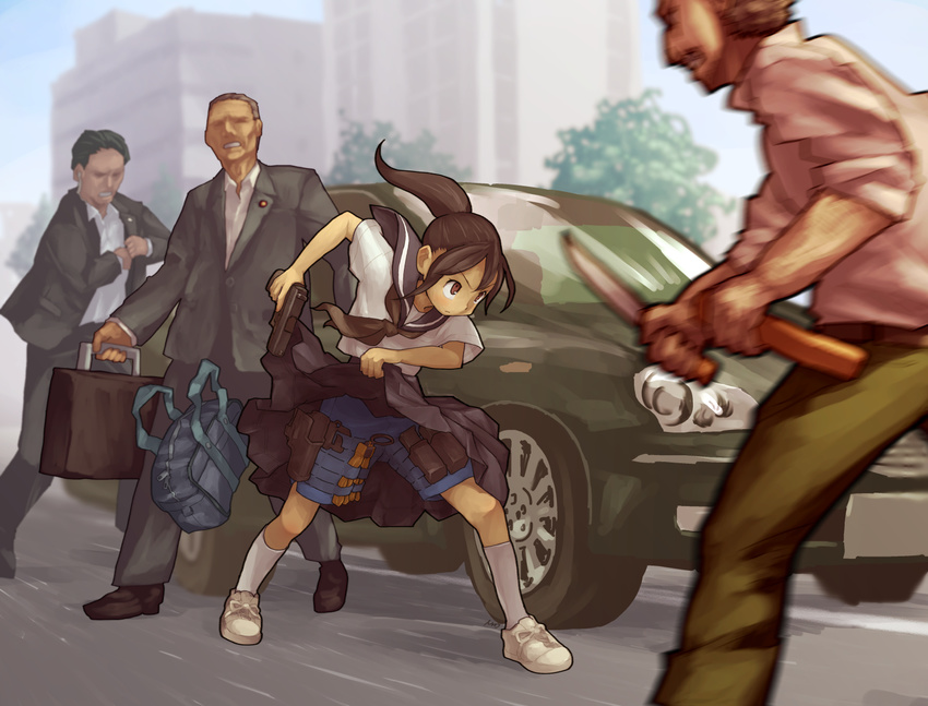 3boys bag blurry briefcase brown_eyes brown_hair car clothes_lift commentary_request concealed_weapon dagger duffel_bag female formal gun handgun holster kneehighs knife lifting_own_clothes motor_vehicle multiple_boys original ponytail school_uniform serafuku shorts shorts_under_skirt skirt skirt_lift socks suit tessaku_ro weapon white_legwear