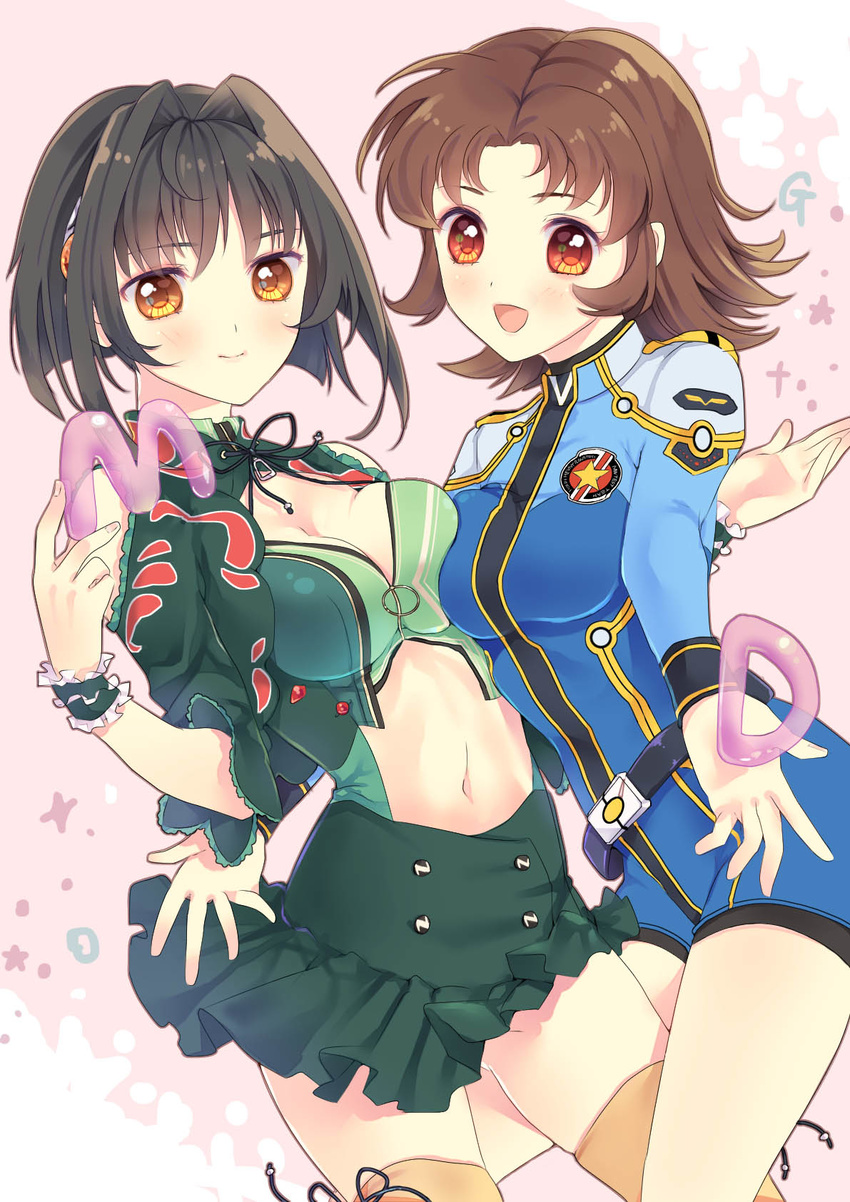 2girls :d akimi_akatsuki_(female) asymmetrical_docking black_hair blush breast_press breasts brown_eyes brown_hair cleavage clothing_cutout commentary_request eri. highres katia_grineal medium_breasts multiple_girls navel navel_cutout open_mouth photoshop_(medium) red_eyes short_hair smile super_robot_wars super_robot_wars_gc super_robot_wars_judgement super_robot_wars_og_moon_dwellers super_robot_wars_original_generation thighhighs wristband