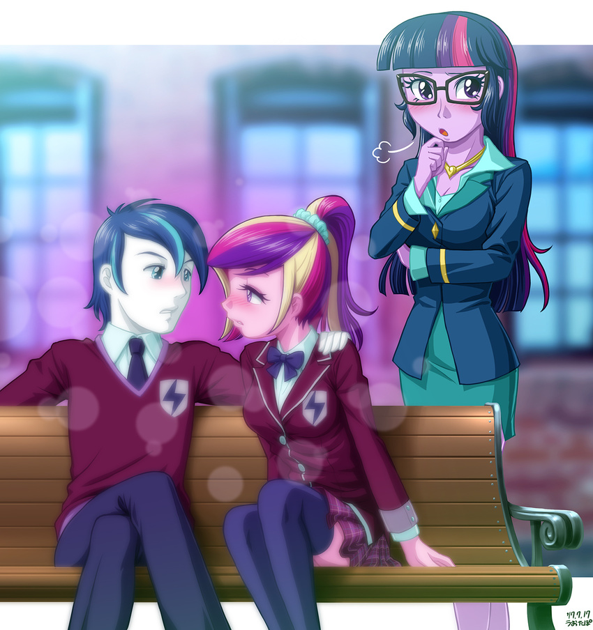 1boy 2girls age_difference bench blonde_hair blue_eyes blue_hair blush glasses hair_tie incipient_kiss long_hair multicolored_hair multiple_girls my_little_pony my_little_pony_equestria_girls my_little_pony_friendship_is_magic necklace older personification pink_hair pink_skin ponytail princess_mi_amore_cadenza purple_eyes purple_hair school_uniform shining_armor skirt thighhighs twilight_sparkle_(mlp) two-tone_hair uotapo white_skin younger