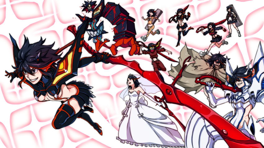 6+girls alternate_costume bad_id bad_pixiv_id berserk_ryuuko cloak dress highres jacket junketsu kill_la_kill matoi_ryuuko multicolored_hair multiple_girls multiple_persona pajamas progression scarf scissor_blade_(kill_la_kill) senketsu senketsu_(scarf) shoes short_hair skirt sneakers spoilers two-tone_hair weapon wedding_dress yusuki_(fukumen)