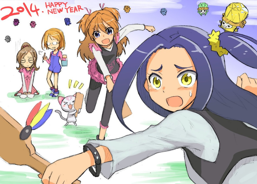 4girls blue_eyes blue_hair choutako fairy_tone games glasses houjou_hibiki hummy_(suite_precure) kurokawa_eren long_hair minamino_kanade multiple_girls open_mouth orange_hair playing_games precure seiren_(suite_precure) shirabe_ako short_hair suite_precure