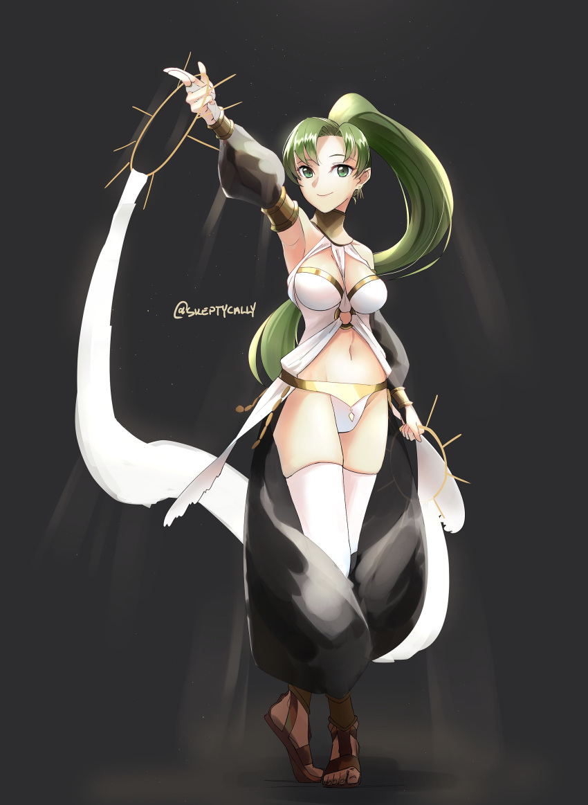 absurdres bare_shoulders blush breasts commentary cosplay dancer female fire_emblem fire_emblem:_the_blazing_blade fire_emblem_awakening fire_emblem_heroes green_eyes green_hair hair_ornament hairband high_ponytail highres jewelry long_hair looking_at_viewer lyn_(fire_emblem) midriff navel olivia_(fire_emblem) olivia_(fire_emblem)_(cosplay) ponytail simple_background skeptycally solo