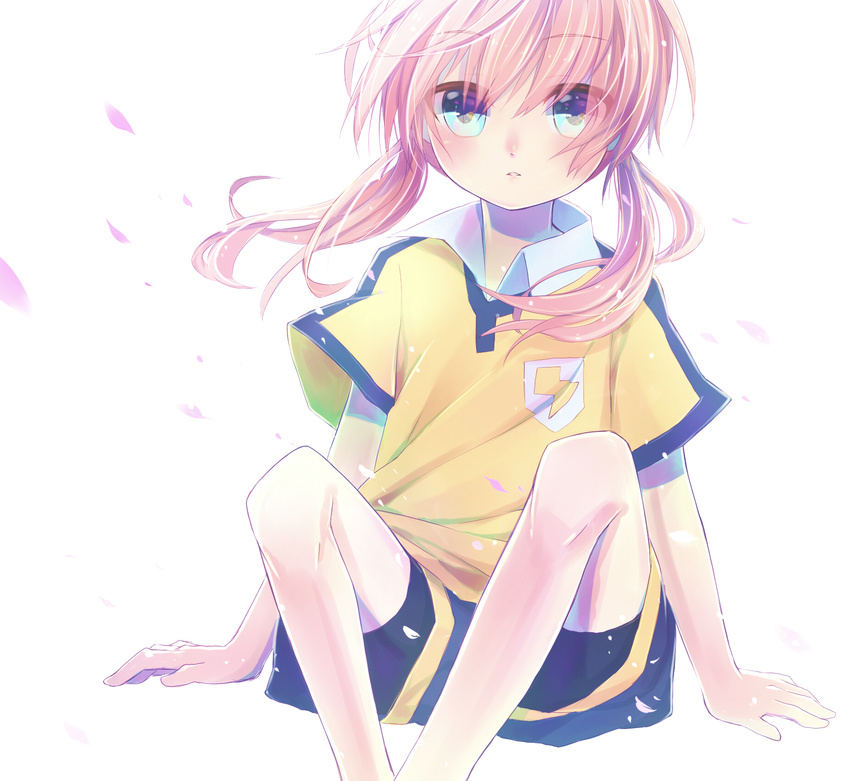 1boy bad_id bad_pixiv_id blue_eyes highres hoshiyui_tsukino inazuma_eleven_(series) inazuma_eleven_go kirino_ranmaru long_hair male_focus otoko_no_ko pink_hair raimon raimon_soccer_uniform shorts simple_background soccer_uniform solo sportswear twintails white_background