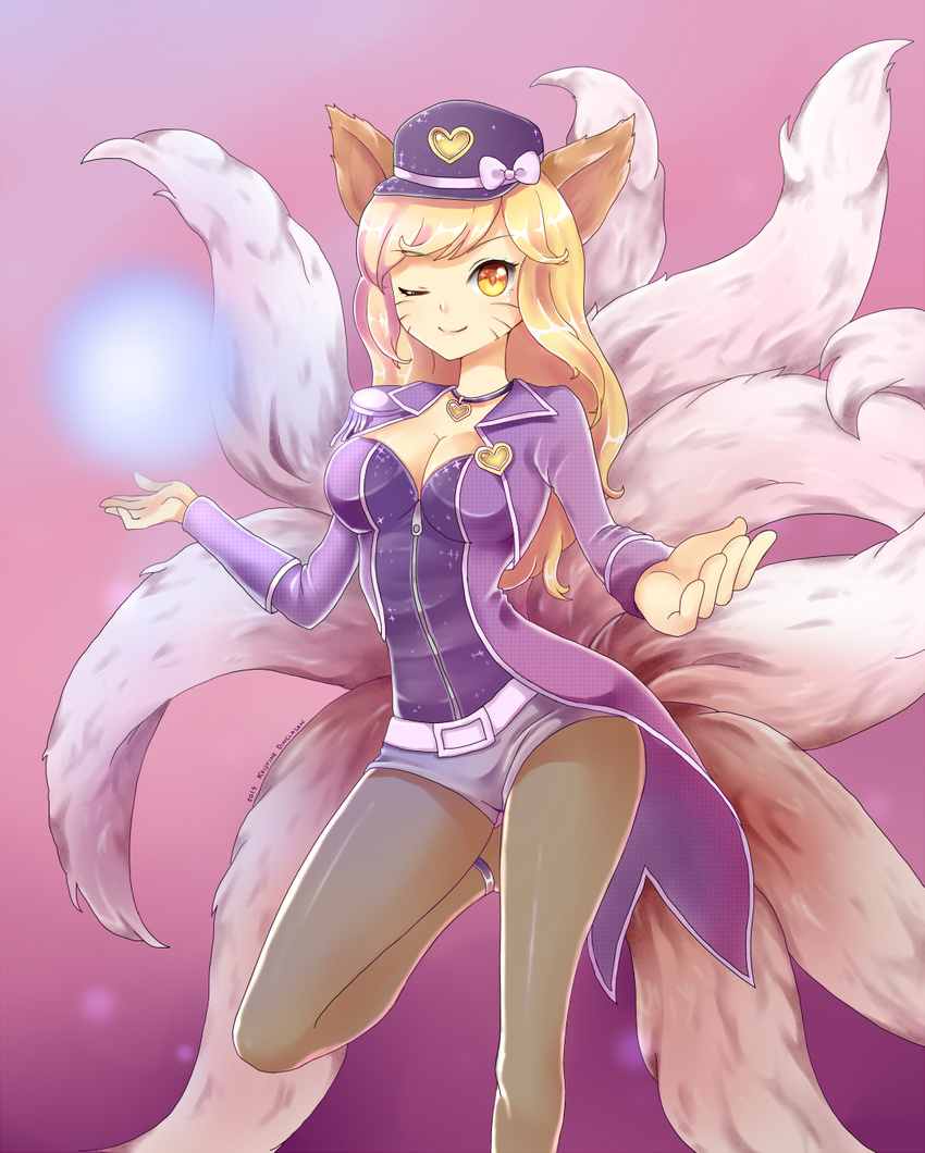 ;) ahri_(league_of_legends) alternate_costume alternate_hair_color alternate_hairstyle animal_ears bad_id bad_pixiv_id belt blonde_hair bow breasts cleavage cosplay dated energy_ball epaulettes facial_mark female foreshortening fox_ears fox_tail girls'_generation glowing gradient_background grey_pantyhose hat hat_bow heart heart_necklace highres jacket jewelry keichan large_breasts league_of_legends leg_up light_smile long_hair looking_at_viewer magic multiple_tails necklace one_eye_closed open_clothes open_jacket outstretched_arm pantyhose pantyhose_under_shorts peaked_cap popstar_ahri purple_background purple_shorts shiny_clothes short_shorts shorts signature smile solo tail whisker_markings yellow_eyes zipper