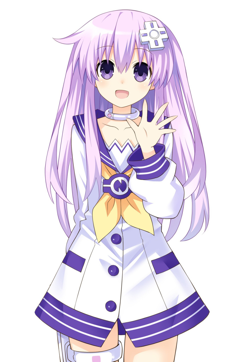 :d choker cowboy_shot d-pad d-pad_hair_ornament dress female hair_between_eyes hair_ornament highres long_hair looking_at_viewer neckerchief nepgear neptune_(series) open_mouth purple_eyes purple_hair sailor_dress simple_background smile solo waving white_background white_choker yellow_neckerchief zero_(ray_0805)