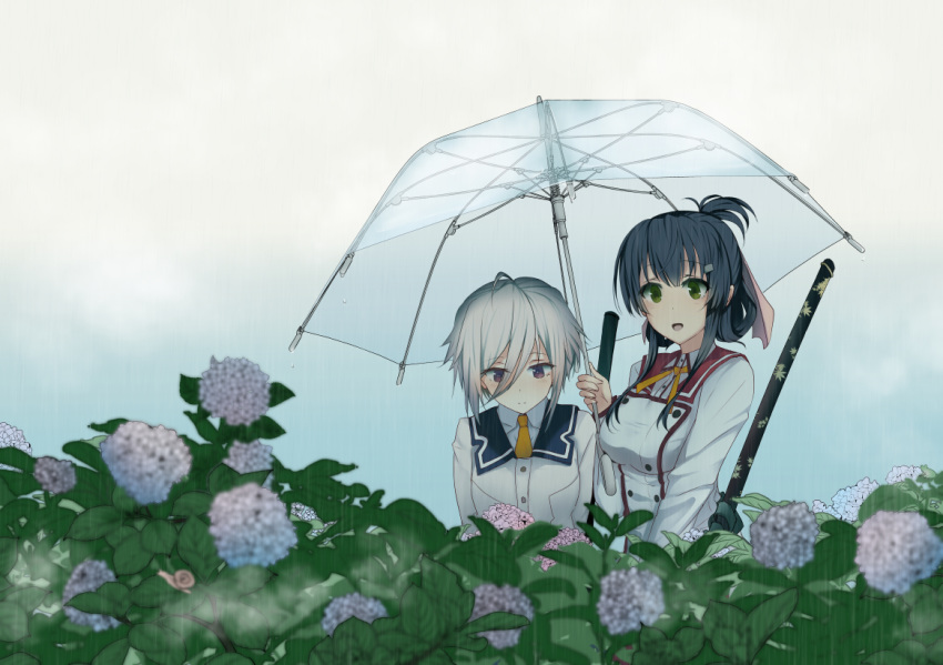 2girls 80mph ahoge black_hair blush commentary_request flower fog folded_ponytail green_eyes hair_ornament hair_ribbon hairclip hydrangea itomi_sayaka katana leaf minoseki_gakuin_uniform multiple_girls purple_eyes rain renpu_girls_school_uniform ribbon school_uniform shared_umbrella sheath sheathed short_hair snail sword tied_hair toji_no_miko transparent transparent_umbrella umbrella weapon white_hair yanase_mai yuri