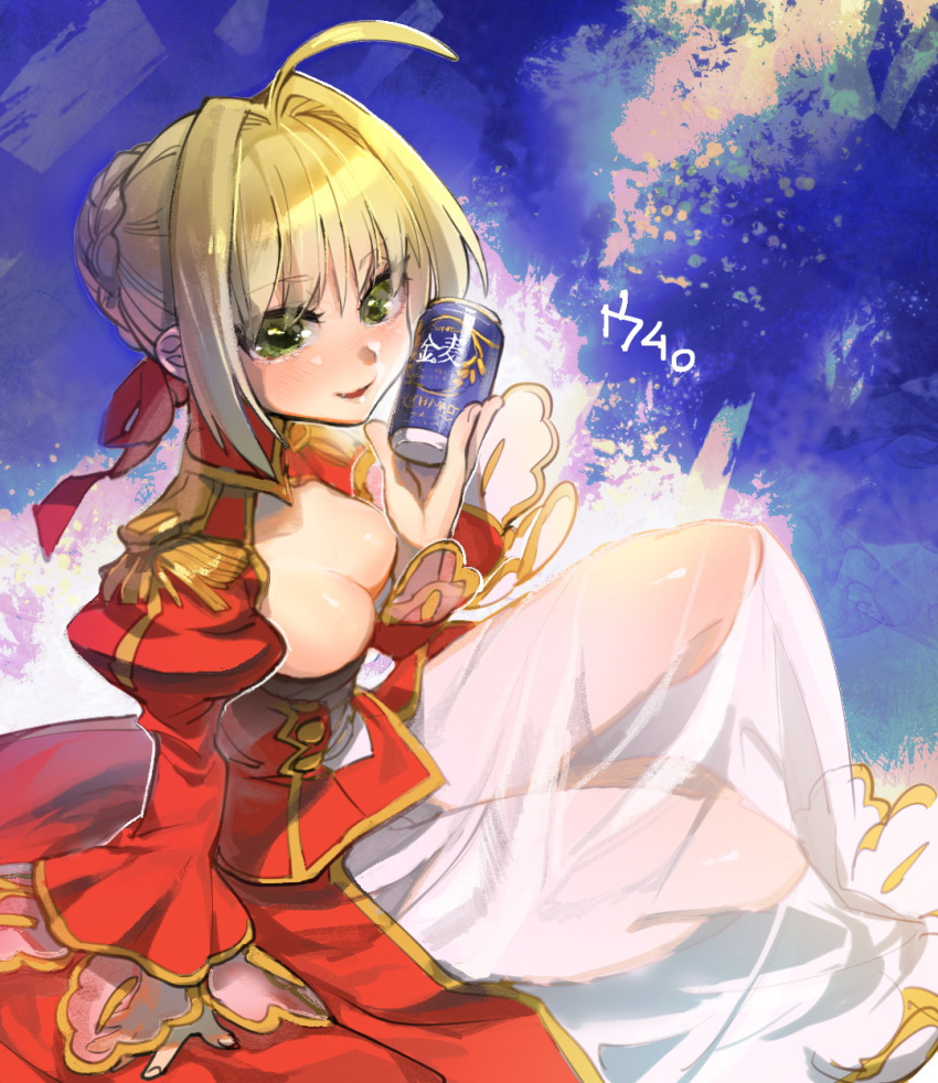 ahoge arm_support blonde_hair blush braid breasts can cleavage commentary_request dress epaulettes eyes_visible_through_hair fate/extra fate_(series) female french_braid green_eyes hair_bun hair_intakes hair_ribbon highres holding holding_can juliet_sleeves long_sleeves mafuyu_hemp medium_breasts nero_claudius_(fate) nero_claudius_(fate/extra) open_mouth puffy_sleeves red_dress red_ribbon ribbon see-through short_hair single_hair_bun sitting smile solo turtleneck