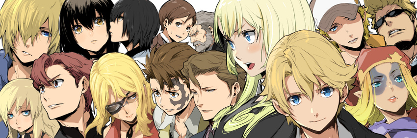 3girls 6+boys baccano! beard black_hair blonde_hair blue_eyes brown_eyes brown_hair chane_laforet charon_walken claire_stanfield commentary_request creator_connection czeslaw_meyer enami_katsumi facial_hair ferret_von_balstein gerhard_von_balstein graham_specter grey_hair hat illness_(baccano) jacuzzi_splot long_hair luck_gandor moustache multiple_boys multiple_girls nice_holystone pilier_mistwalker red_hair scar short_hair sunglasses szilard_quates vamp! watt_stalf yellow_bridgestone