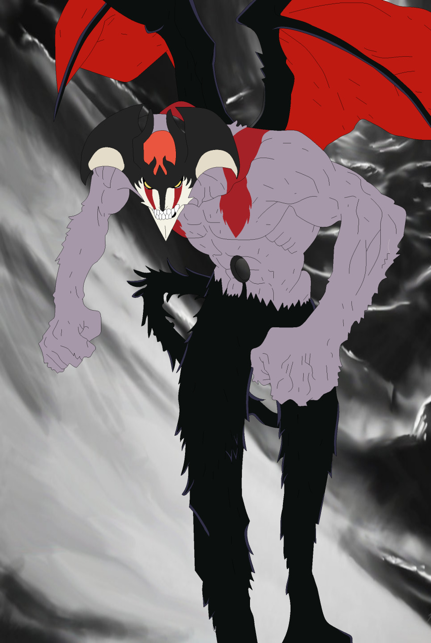 1boy absurdres bat_wings black_fur black_wings blank_eyes bleach clenched_hands colored_skin commentary crossover demon demon_tail demon_wings derivative_work devilman devilman_(character) devilman_crybaby english_commentary engrish_commentary feet_out_of_frame flat_color fudou_akira head_wings highres hollow_(bleach) leaning_forward looking_at_viewer male_focus mask monster muscular muscular_male purple_skin sharp_teeth solo tail tashahemlock teeth walking wings