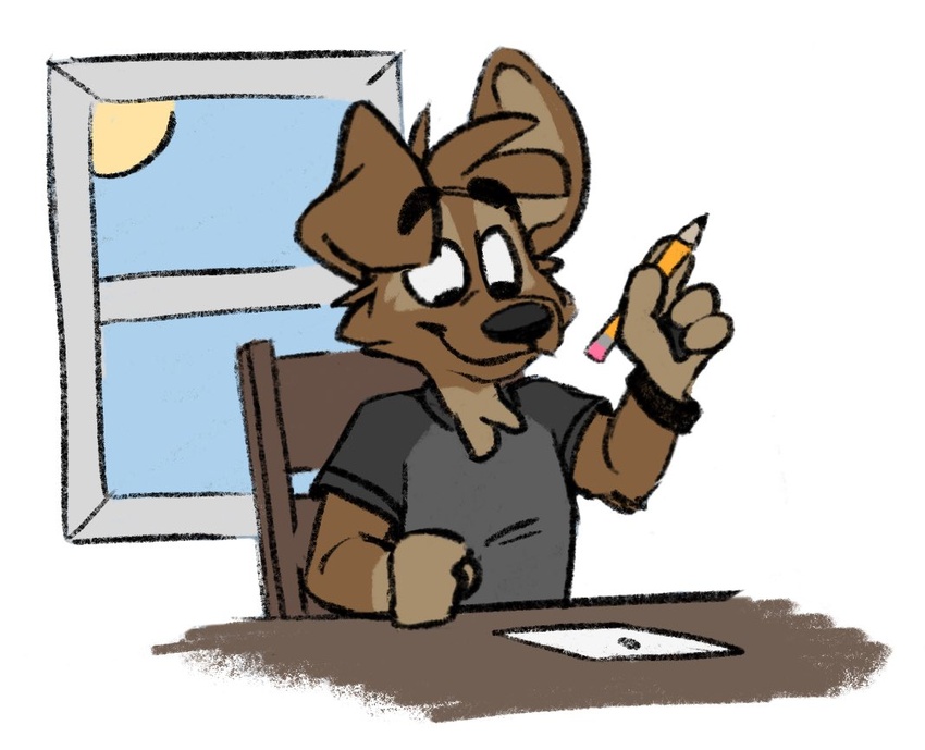 anthro art_block canid canine canis day domestic_dog male mammal matt_riskely pencil_(object) solo sun tinydeerguy window