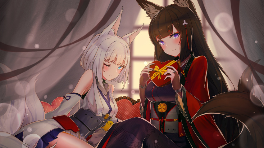 2girls absurdres amagi_(azur_lane) animal_ears azur_lane blue_eyes blunt_bangs blush box breasts brown_hair choker eyeshadow fox_ears fox_tail hair_ornament hakama hakama_short_skirt hakama_skirt heart heart-shaped_box highres japanese_clothes kaga_(battleship)_(azur_lane) kimono large_breasts long_hair looking_at_viewer makeup md5_mismatch multiple_girls purple_eyes septoleaf short_hair skirt tail thick_eyebrows valentine white_hair wide_sleeves