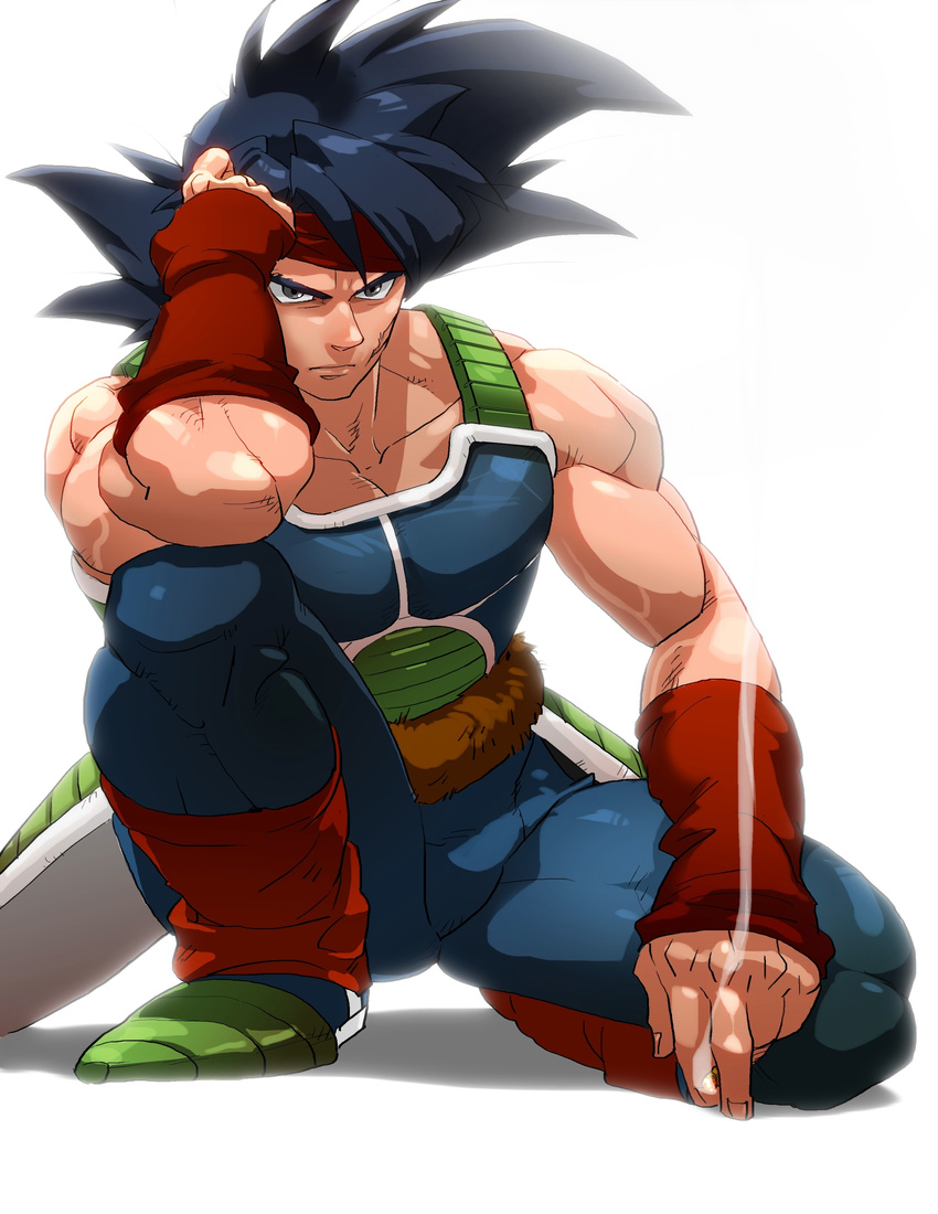 1boy absurdres arm_warmers armor backlighting bad_id bad_pixiv_id bardock black_eyes black_hair cigarette commentary_request dragon_ball dragon_ball_z faulds fur hand_on_own_head headband highres leg_warmers looking_away male_focus monkey_tail muscular on_one_knee pectoral_cleavage pectorals saiyan_armor scar shiny_skin skin_tight sleeveless smoke solo spiked_hair supobi tail veins veiny_arms white_background