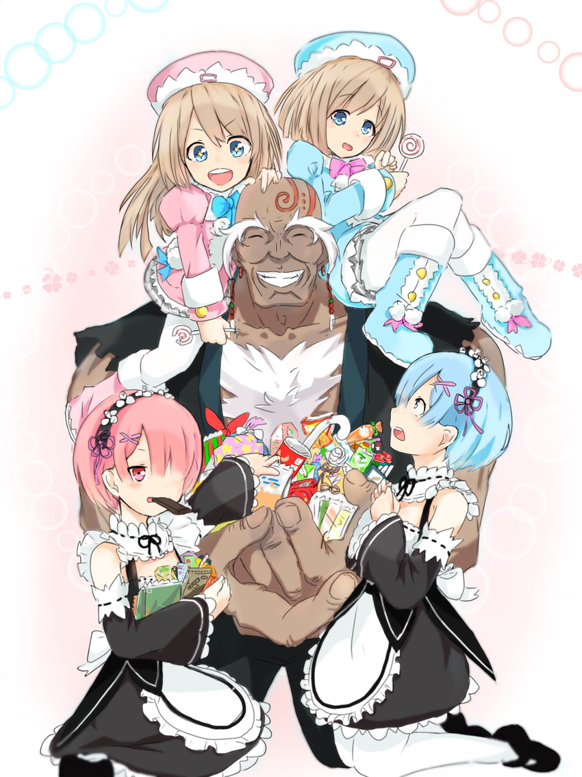 1boy 4girls absurdres candy commentary_request crossover food headdress highres maid moririn multiple_girls name_connection neptune_(series) old old_man pantyhose pink_hair ram_(neptunia) ram_(re:zero) re:zero_kara_hajimeru_isekai_seikatsu rem_(re:zero) rom_(neptunia) rom_(re:zero) roswaal_mansion_maid_uniform short_hair siblings sisters snack twins white_pantyhose