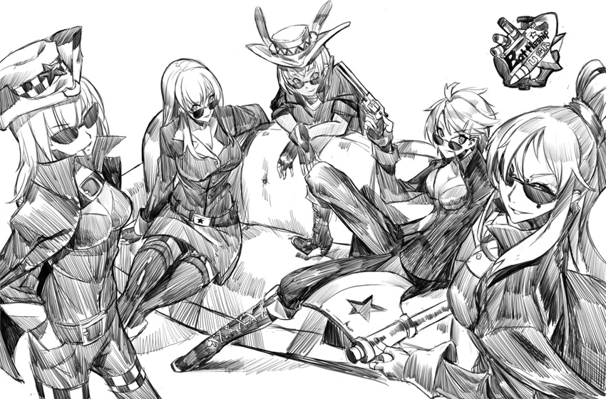 5girls anchor axe belt belt_buckle boots breasts buckle buttons california_(warship_girls_r) cannon chest_belt cleavage commentary couch cowboy_hat crossed_arms crosshatching english_commentary english_text fingerless_gloves formal from_above garter_straps gloves greyscale gun hair_ornament hairclip handgun hands_in_pockets hat hatching_(texture) hikari123456 holding holding_weapon jacket jacket_on_shoulders knee_boots large_breasts leaning_back leaning_forward leg_up long_hair looking_at_viewer looking_up monochrome multiple_girls nevada_(warship_girls_r) oklahoma_(warship_girls_r) open_clothes open_jacket pants ponytail revolver shell sheriff_badge short_hair sitting smile star_(symbol) suit sunglasses tennessee_(warship_girls_r) thighhighs toothpick turret warship_girls_r washington_(warship_girls_r) weapon