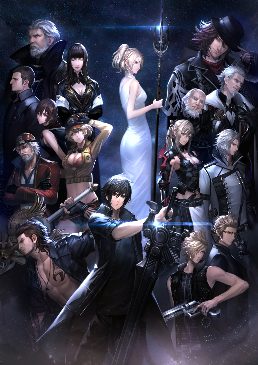 5girls 6+boys abs aranea_highwind ardyn_izunia black_jacket blonde_hair breasts cid_sophiar cindy_aurum cleavage commentary_request cor_leonis dress final_fantasy final_fantasy_xv gentiana gladiolus_amicitia gun handgun hat highres huge_weapon iedolas_aldercapt ignis_scientia iris_amicitia jacket large_breasts legacy_zechs lunafreya_nox_fleuret midriff multiple_boys multiple_girls navel noctis_lucis_caelum polearm prompto_argentum ravus_nox_fleuret regis_lucis_caelum sky sleeveless spiked_hair star_(sky) starry_sky sword tattoo thong trident weapon white_dress